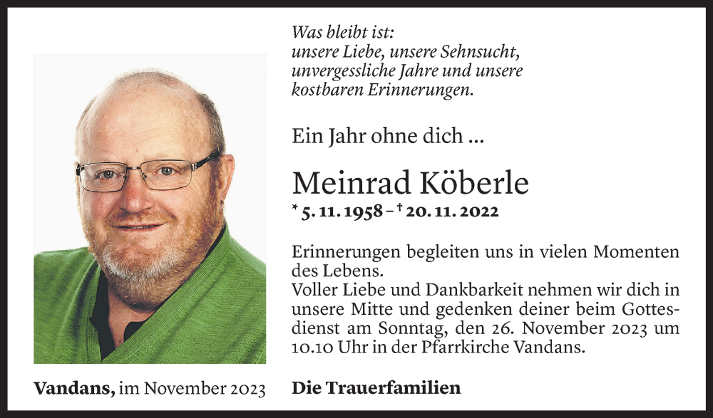  Todesanzeige für Meinrad Köberle vom 20.11.2023 aus Vorarlberger Nachrichten