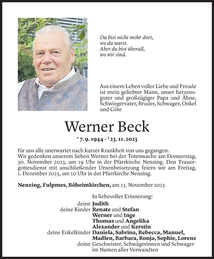  Todesanzeige für Werner Beck vom 28.11.2023 aus Vorarlberger Nachrichten