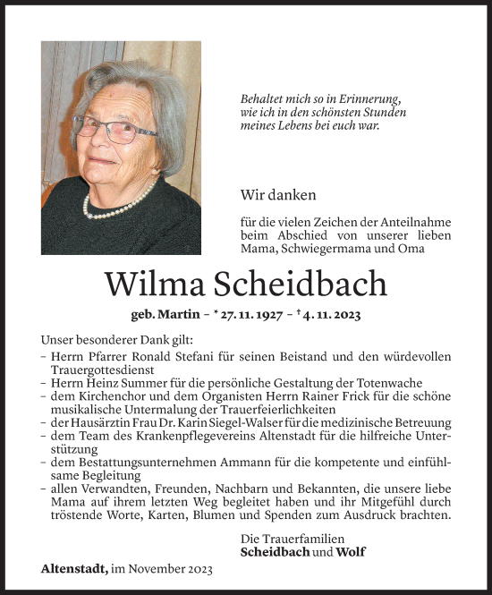 Todesanzeige von Wilma Scheidbach von Vorarlberger Nachrichten