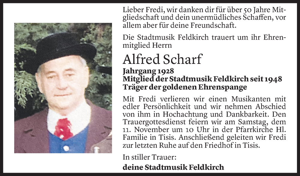  Todesanzeige für Alfred Scharf vom 08.11.2023 aus Vorarlberger Nachrichten