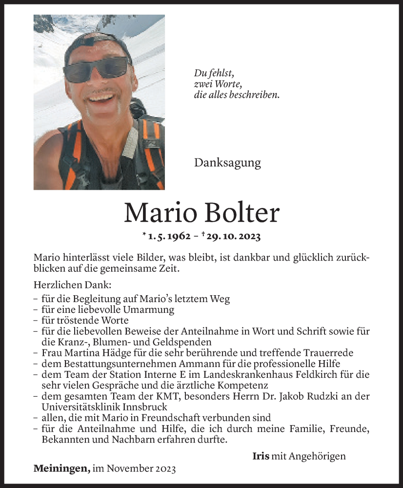  Todesanzeige für Mario Bolter vom 17.11.2023 aus Vorarlberger Nachrichten
