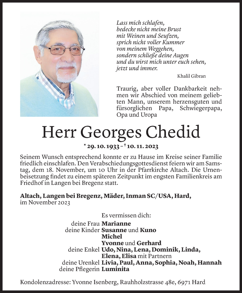  Todesanzeige für Georges Chedid vom 15.11.2023 aus Vorarlberger Nachrichten