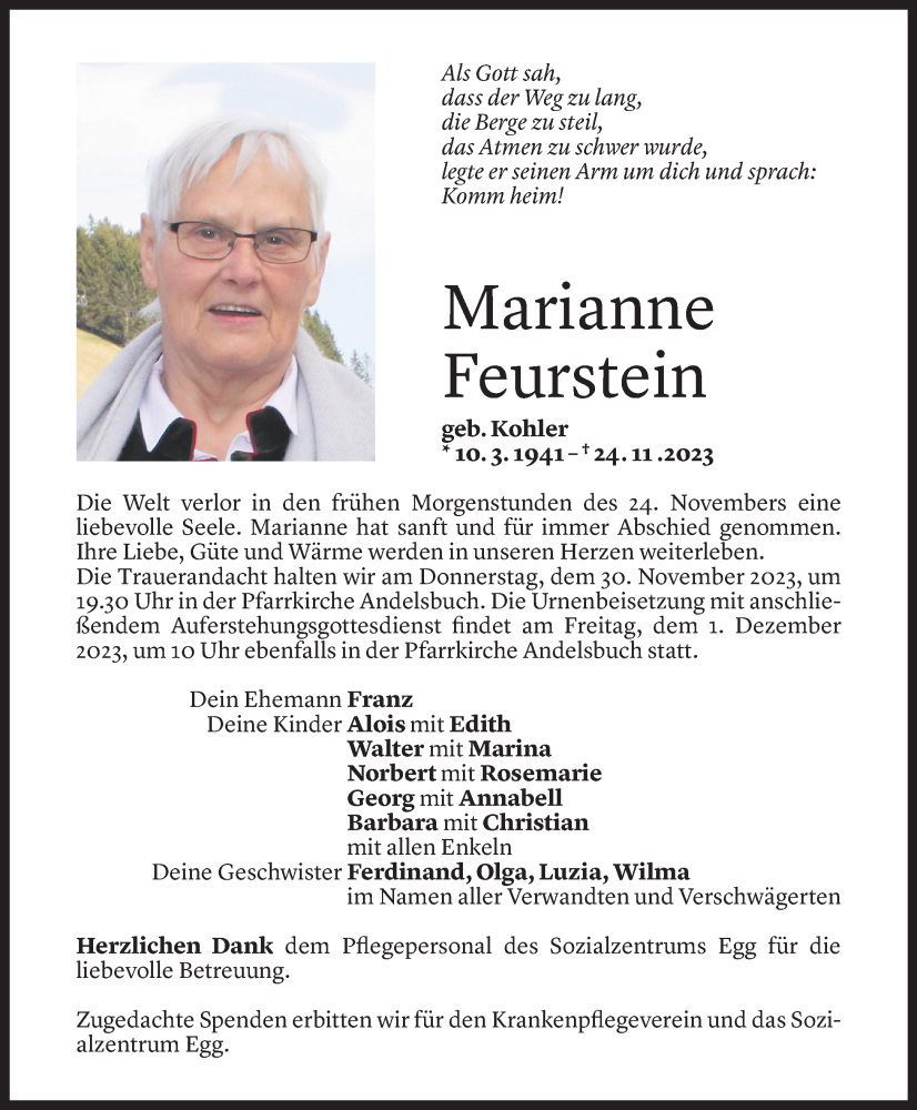  Todesanzeige für Marianne Feurstein vom 28.11.2023 aus Vorarlberger Nachrichten