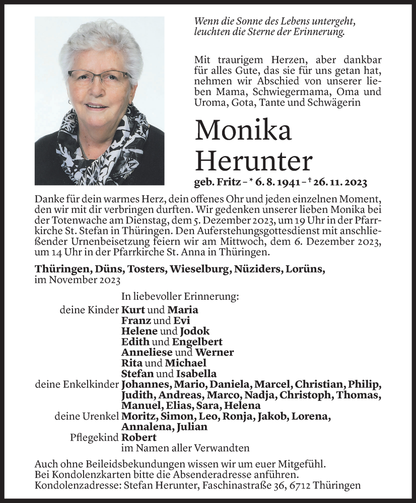  Todesanzeige für Monika Herunter vom 02.12.2023 aus Vorarlberger Nachrichten
