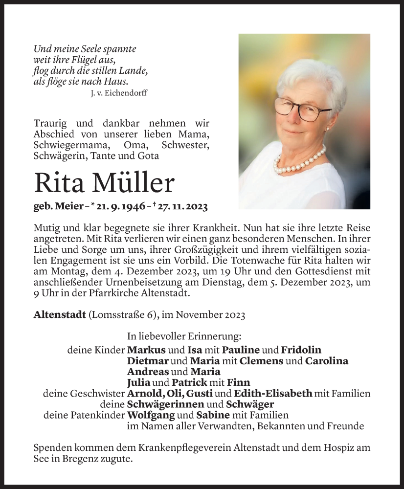  Todesanzeige für Rita Müller vom 30.11.2023 aus Vorarlberger Nachrichten