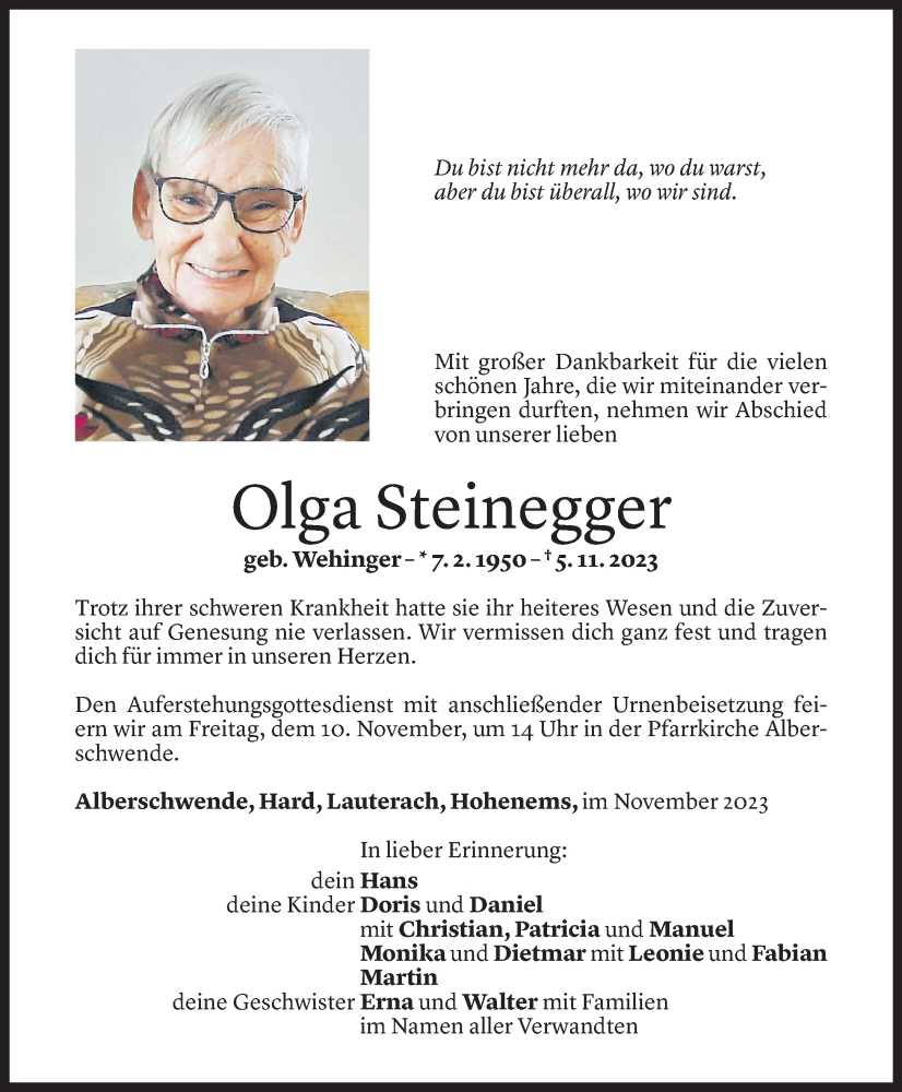 Todesanzeigen von Olga Steinegger | Todesanzeigen Vorarlberger Nachrichten