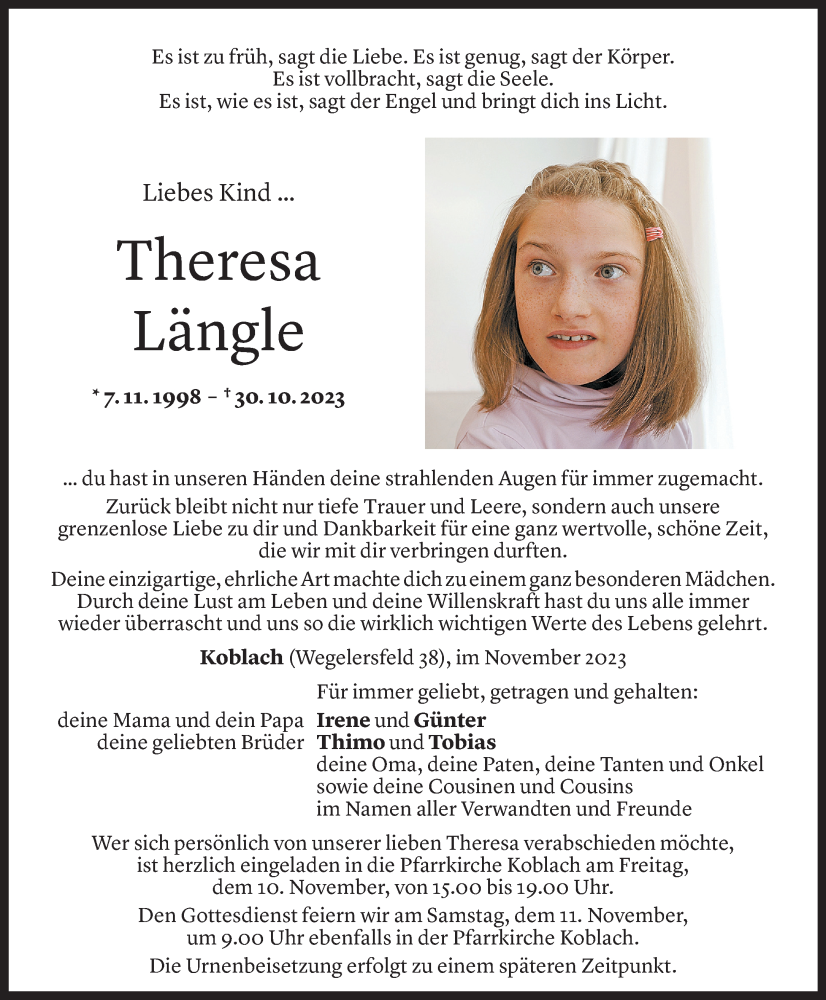  Todesanzeige für Theresa Längle vom 08.11.2023 aus Vorarlberger Nachrichten