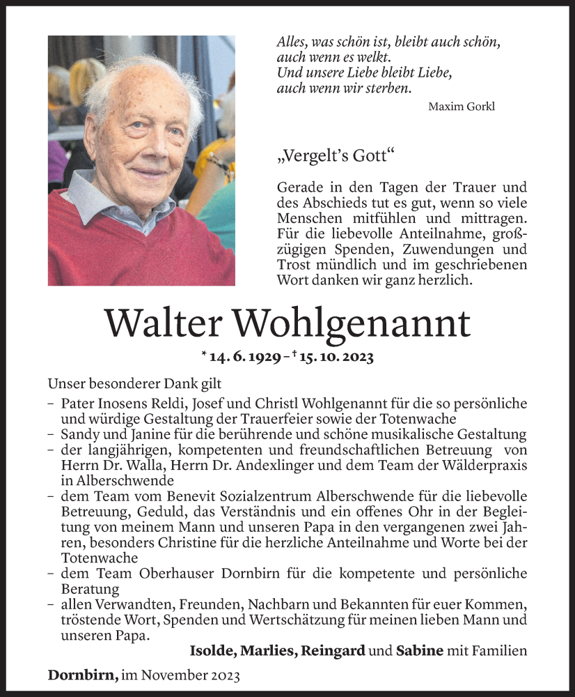  Todesanzeige für Walter Wohlgenannt vom 18.11.2023 aus Vorarlberger Nachrichten
