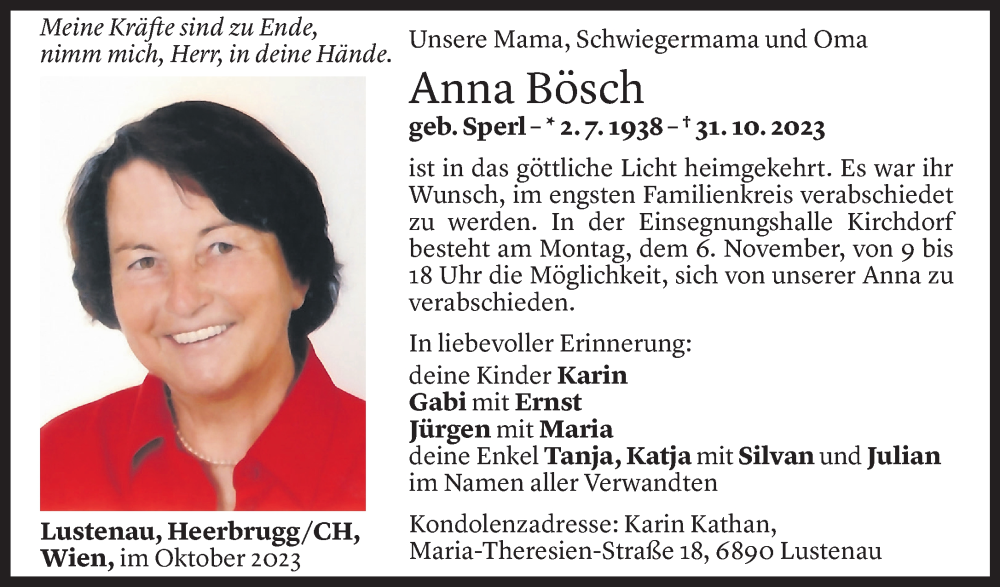  Todesanzeige für Anna Bösch vom 03.11.2023 aus Vorarlberger Nachrichten