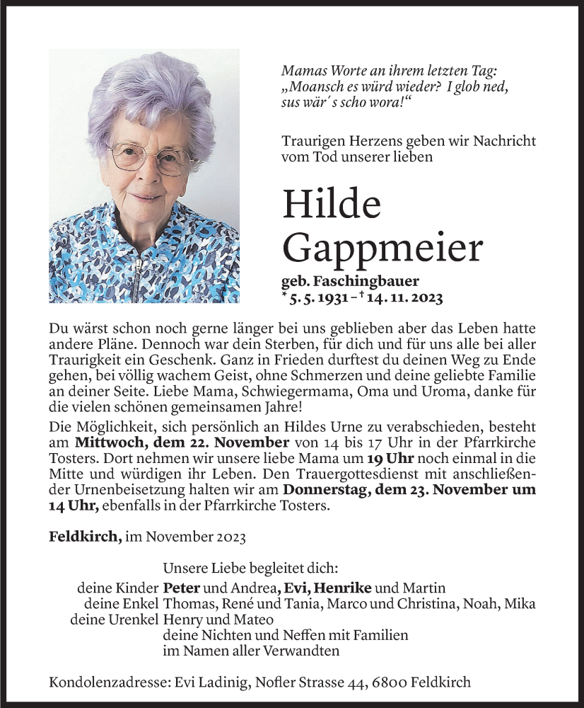  Todesanzeige für Hilde Gappmeier vom 19.11.2023 aus Vorarlberger Nachrichten