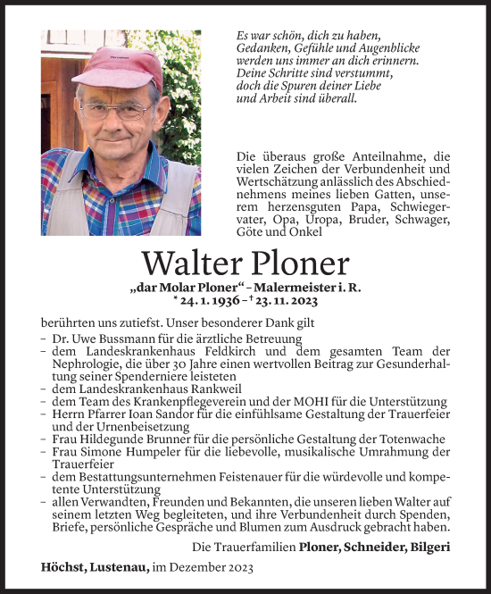 Todesanzeige von Walter Ploner von Vorarlberger Nachrichten