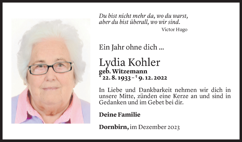  Todesanzeige für Lydia Kohler vom 08.12.2023 aus Vorarlberger Nachrichten