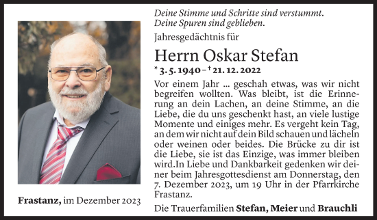 Todesanzeige von Oskar Stefan von Vorarlberger Nachrichten