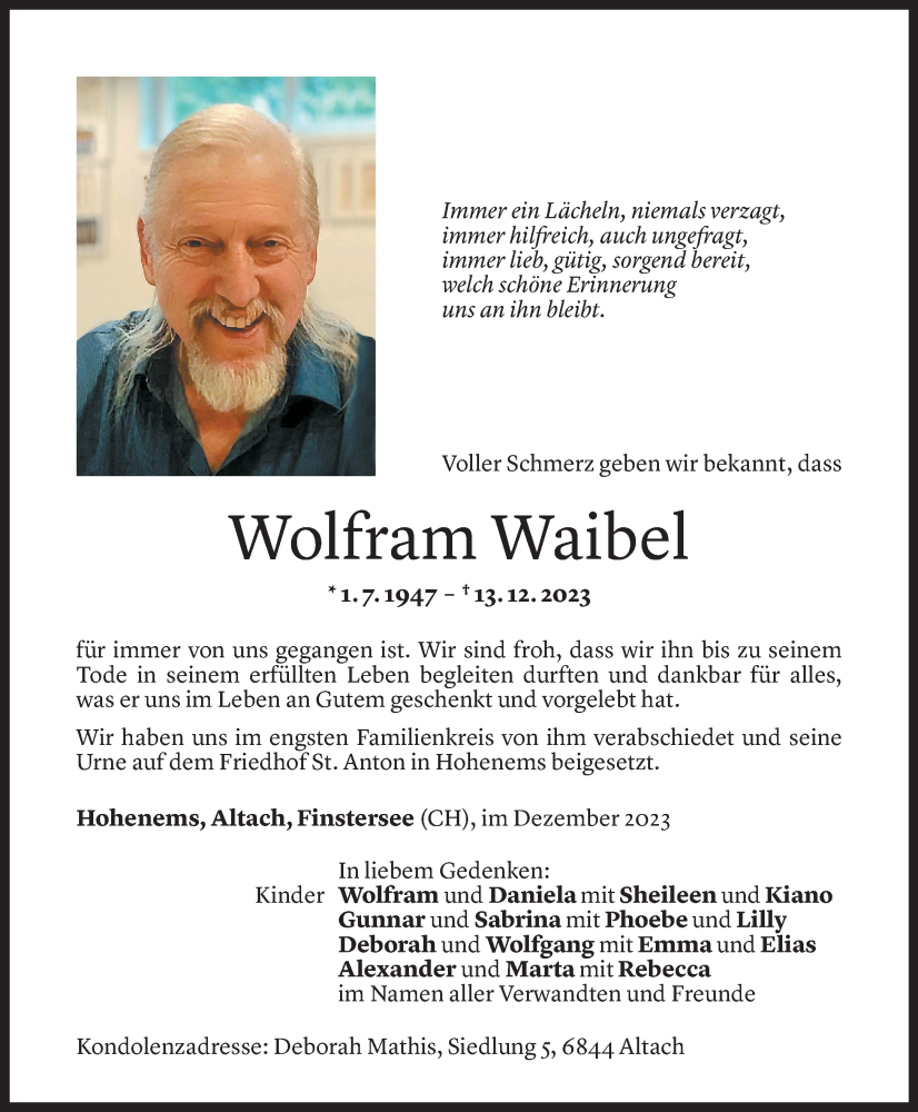  Todesanzeige für Wolfram Waibel vom 23.12.2023 aus Vorarlberger Nachrichten