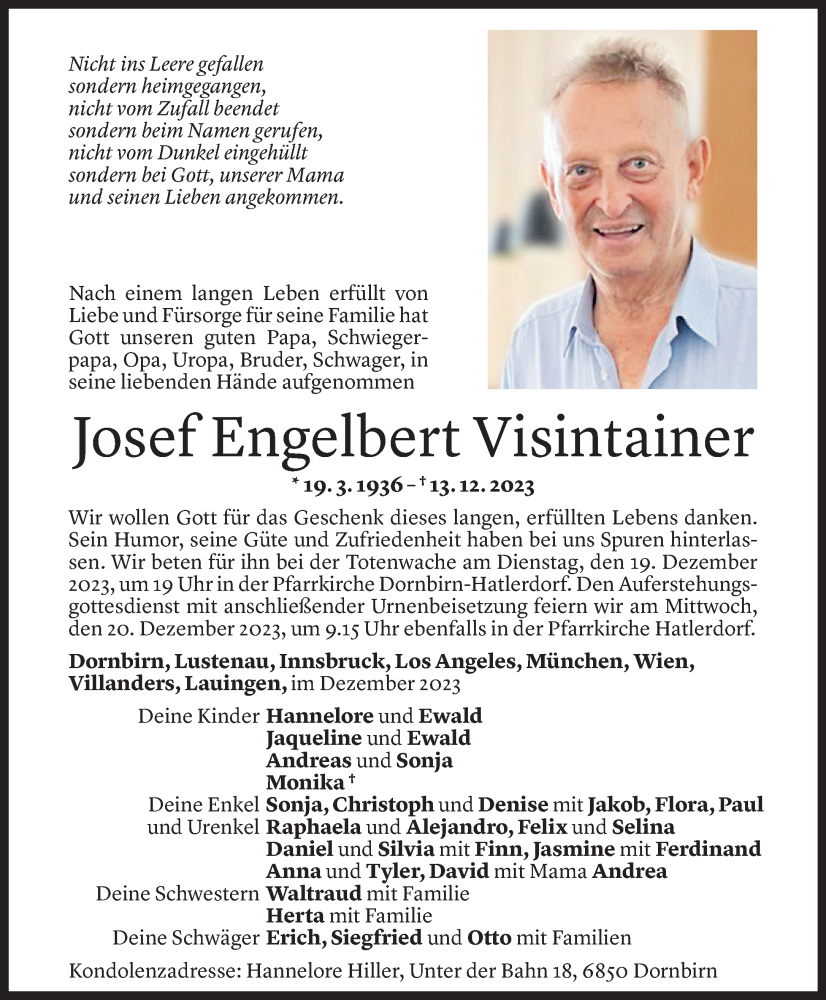  Todesanzeige für Josef Engelbert Visintainer vom 15.12.2023 aus Vorarlberger Nachrichten