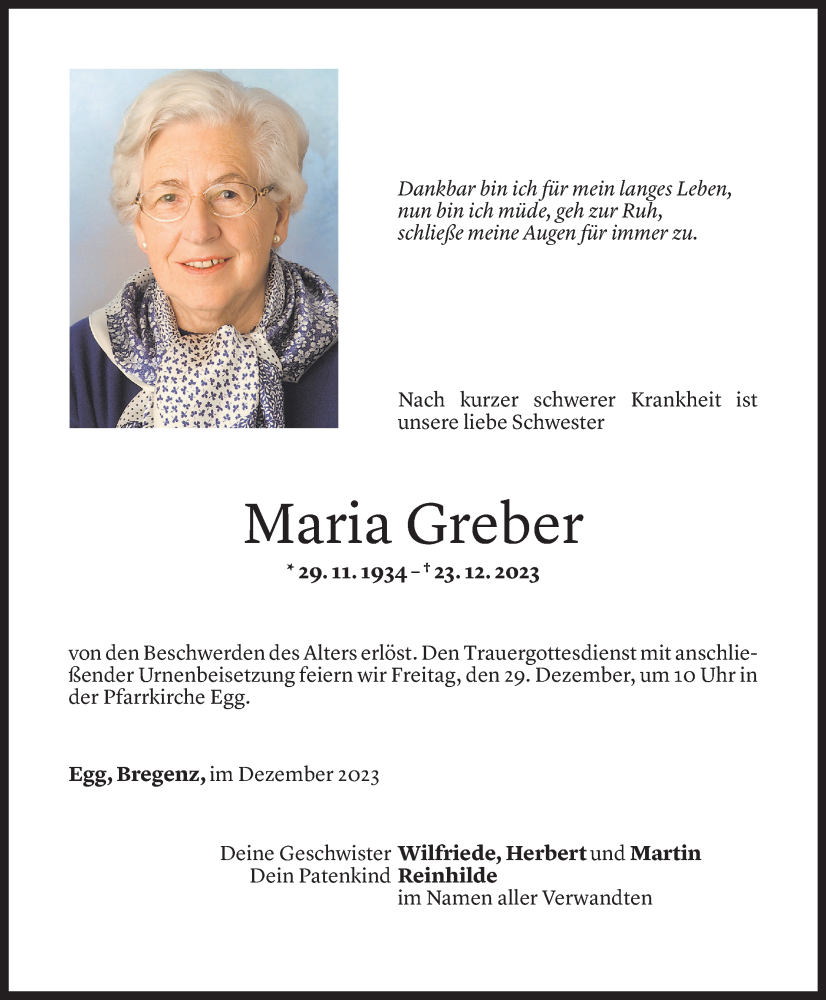 Todesanzeigen von Maria Greber | Todesanzeigen Vorarlberger Nachrichten