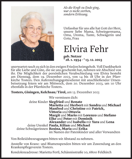 Todesanzeige von Elvira Fehr von Vorarlberger Nachrichten