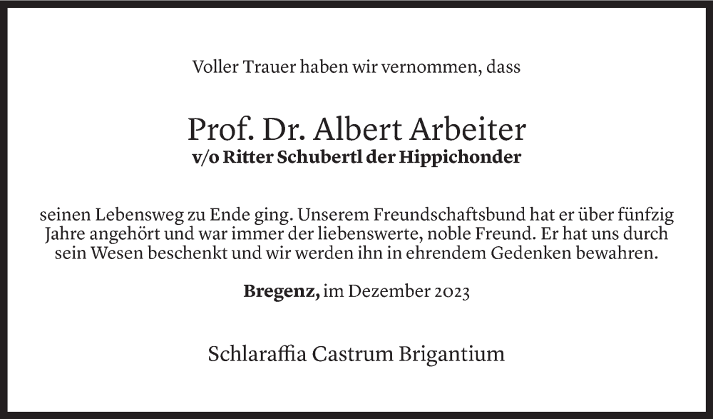  Todesanzeige für Albert Arbeiter vom 30.12.2023 aus Vorarlberger Nachrichten