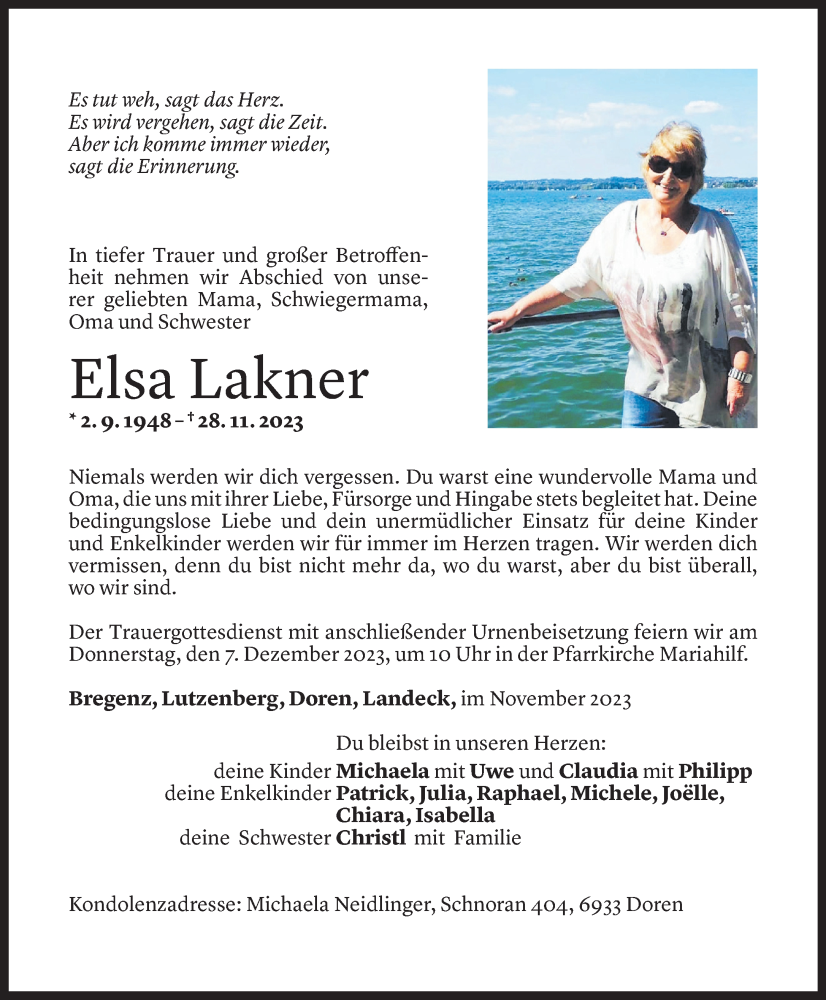 Todesanzeige für Elsa Lakner vom 01.12.2023 aus Vorarlberger Nachrichten