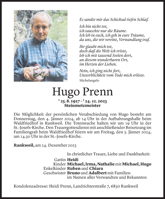 Todesanzeige von Hugo Prenn von Vorarlberger Nachrichten