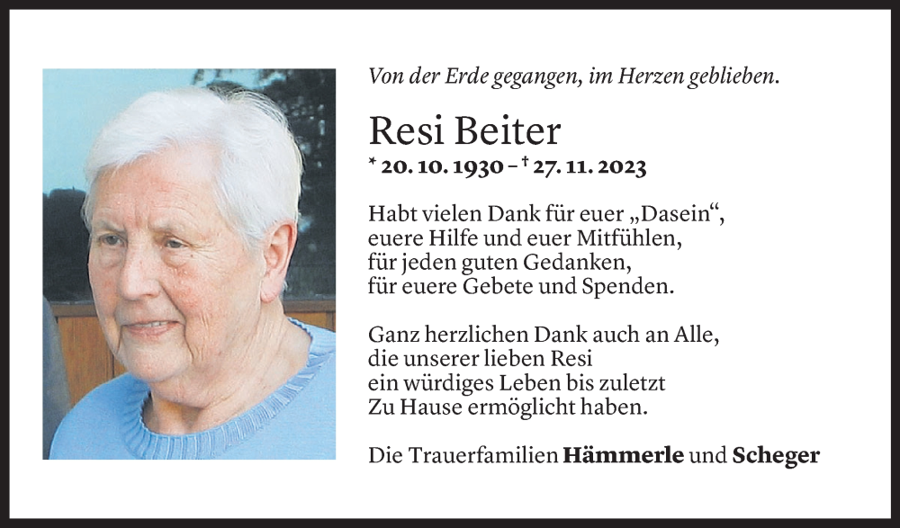  Todesanzeige für Resi Beiter vom 14.12.2023 aus Vorarlberger Nachrichten