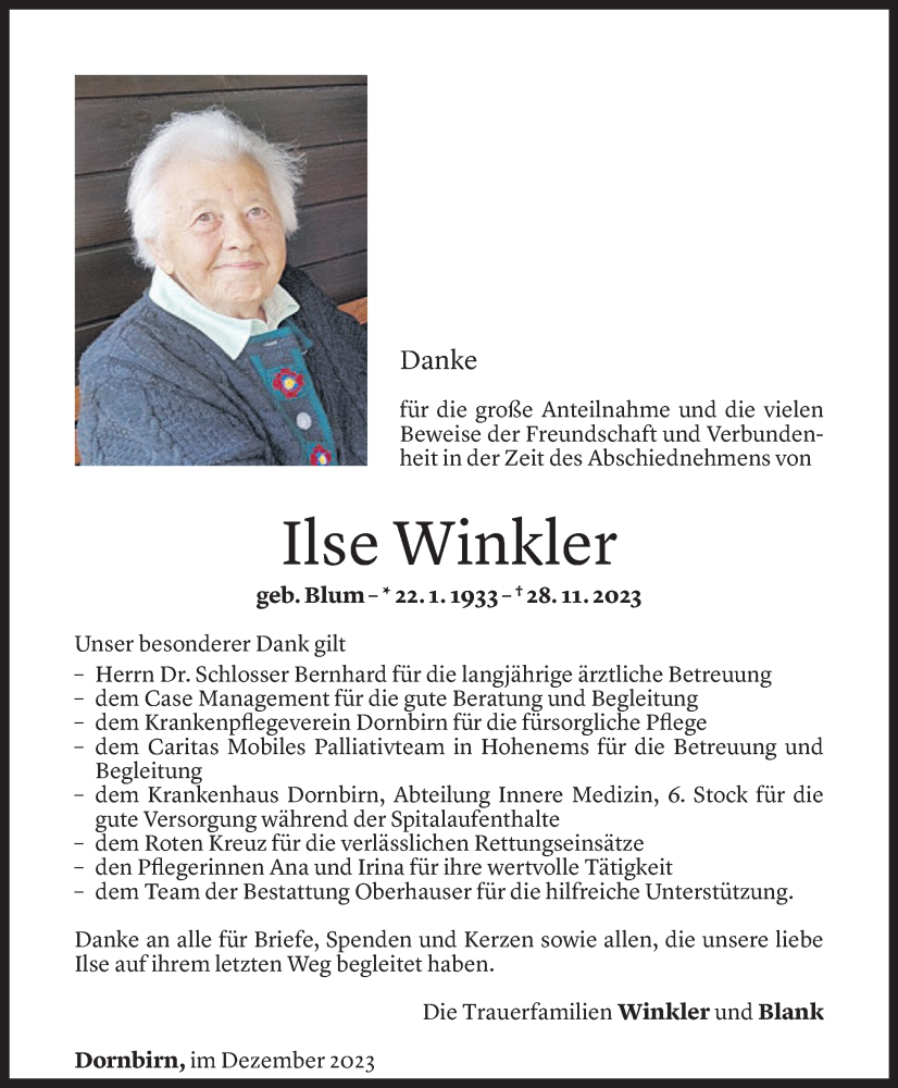  Todesanzeige für Ilse Winkler vom 19.12.2023 aus Vorarlberger Nachrichten