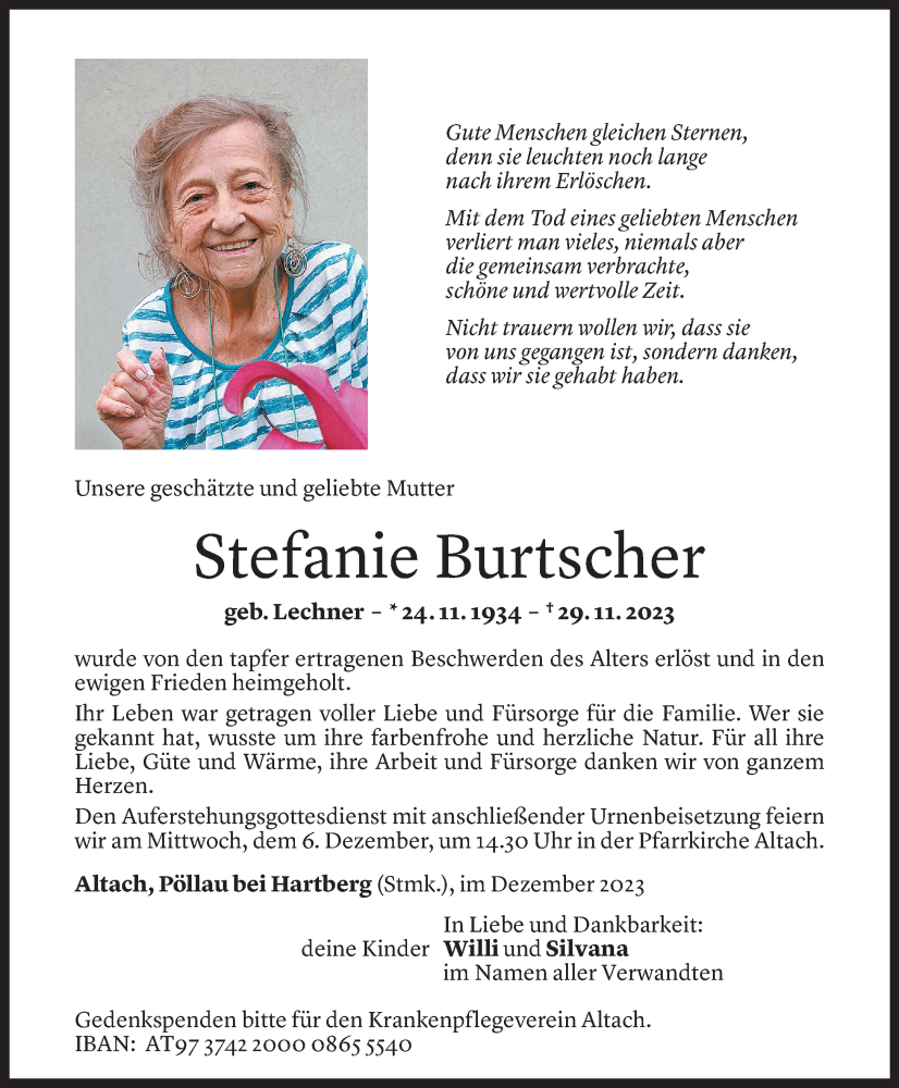  Todesanzeige für Stefanie Burtscher vom 02.12.2023 aus Vorarlberger Nachrichten