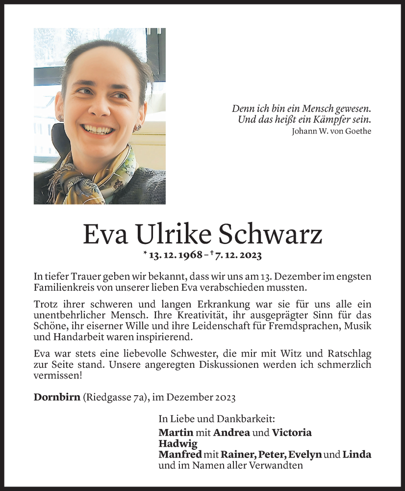  Todesanzeige für Eva Ulrike Schwarz vom 16.12.2023 aus Vorarlberger Nachrichten
