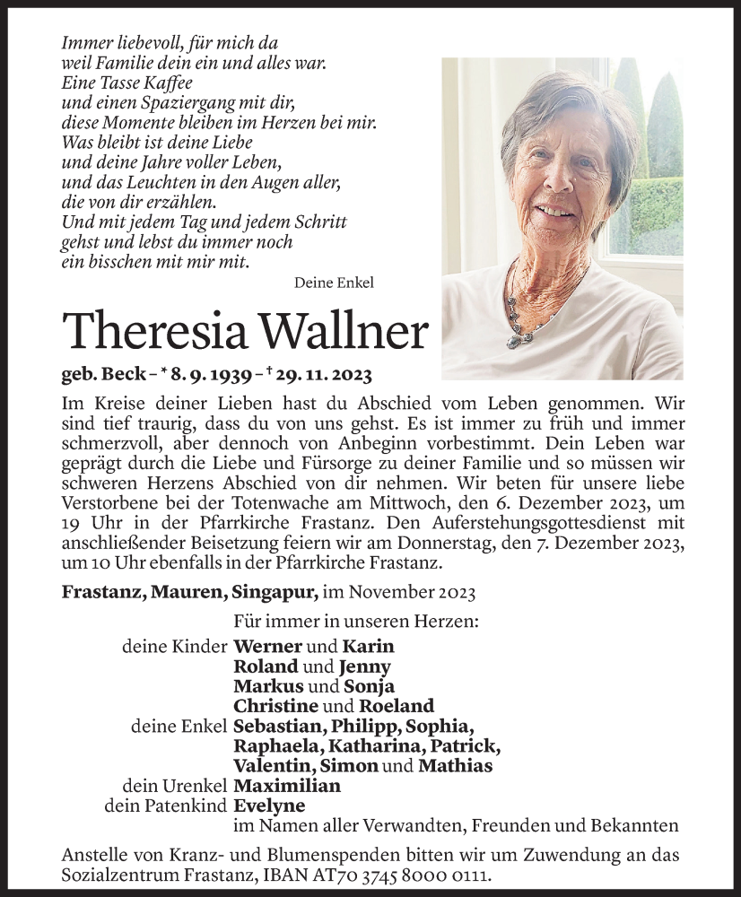  Todesanzeige für Theresia Wallner vom 01.12.2023 aus Vorarlberger Nachrichten