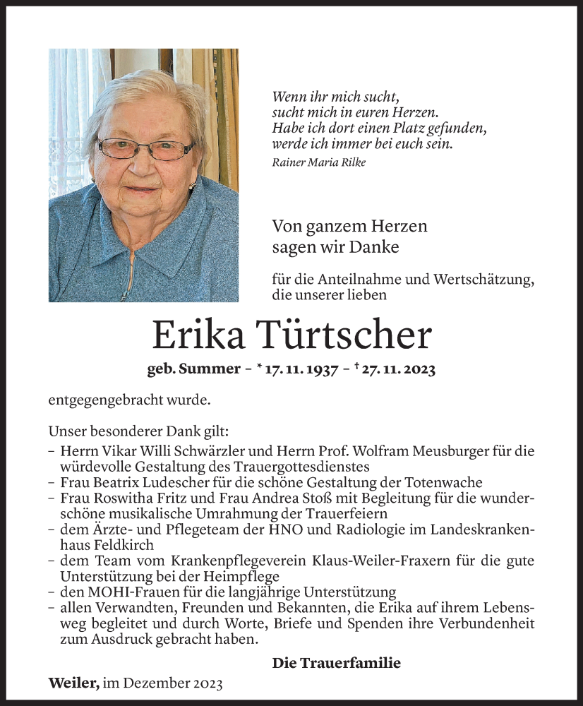  Todesanzeige für Erika Türtscher vom 30.12.2023 aus Vorarlberger Nachrichten