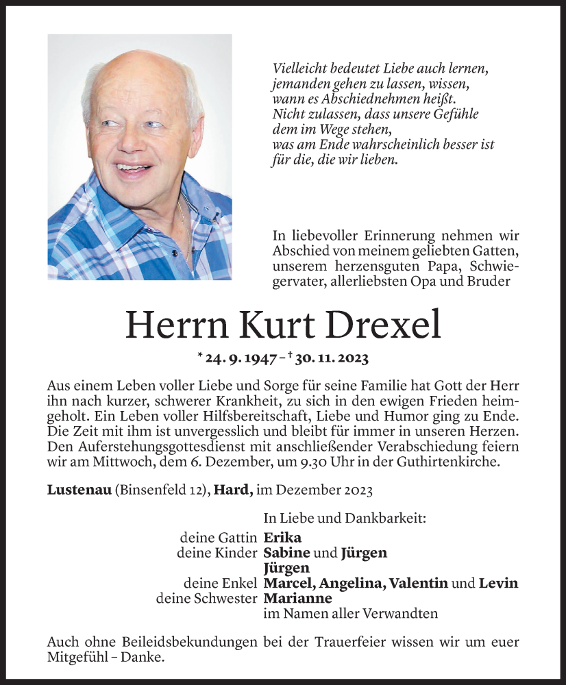  Todesanzeige für Kurt Drexel vom 04.12.2023 aus Vorarlberger Nachrichten