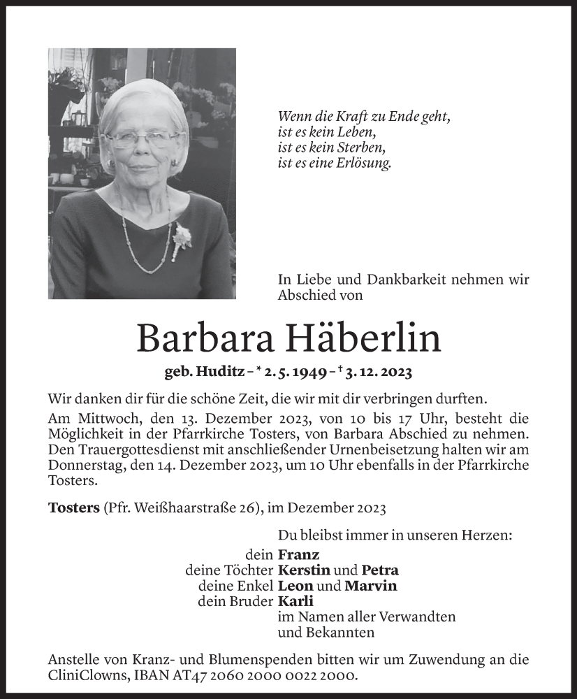  Todesanzeige für Barbara Häberlin vom 08.12.2023 aus Vorarlberger Nachrichten