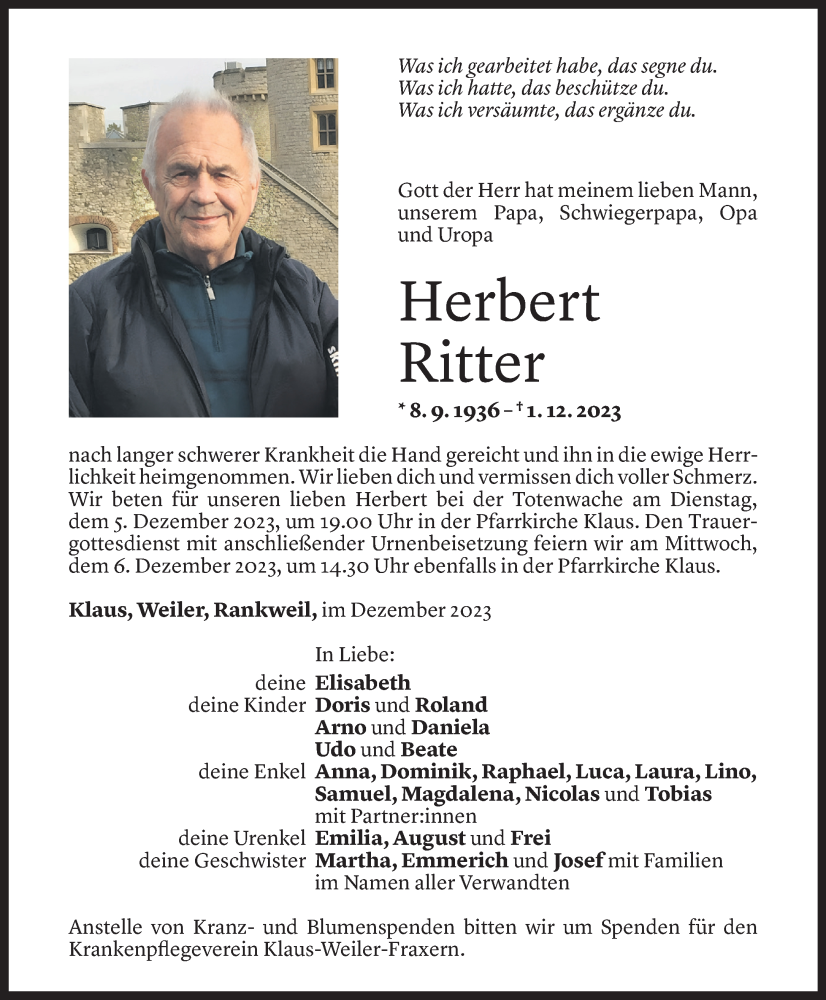  Todesanzeige für Herbert Ritter vom 03.12.2023 aus Vorarlberger Nachrichten