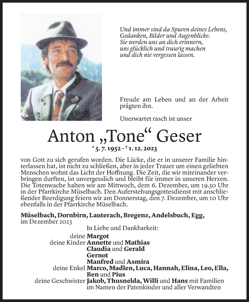 Todesanzeige für Anton Geser vom 05.12.2023 aus Vorarlberger Nachrichten