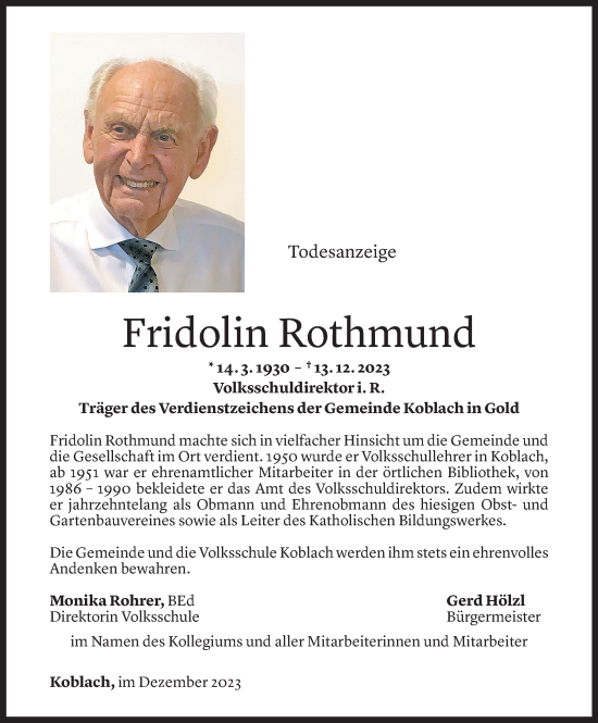 Todesanzeige von Fridolin Rothmund von Vorarlberger Nachrichten