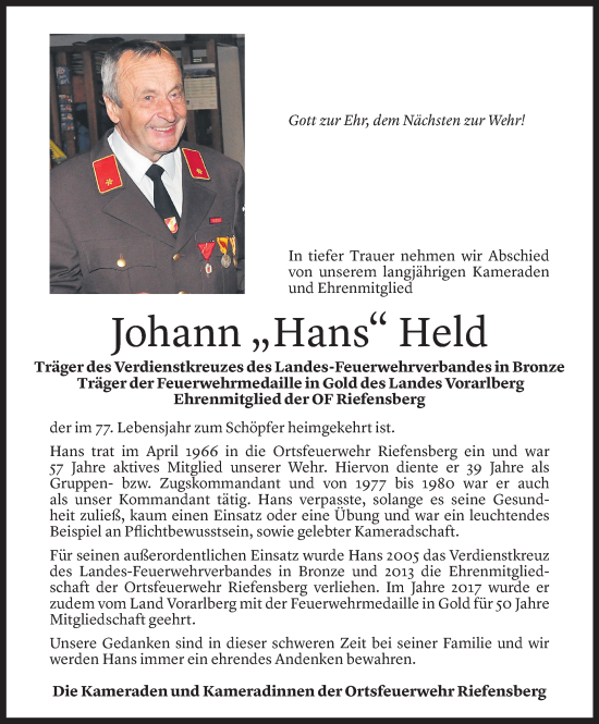 Todesanzeige von Johann Held von Vorarlberger Nachrichten