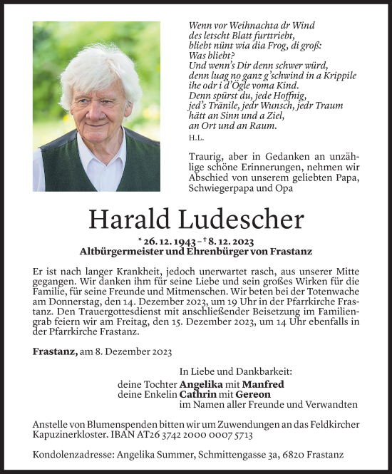 Todesanzeige von Harald Ludescher von Vorarlberger Nachrichten