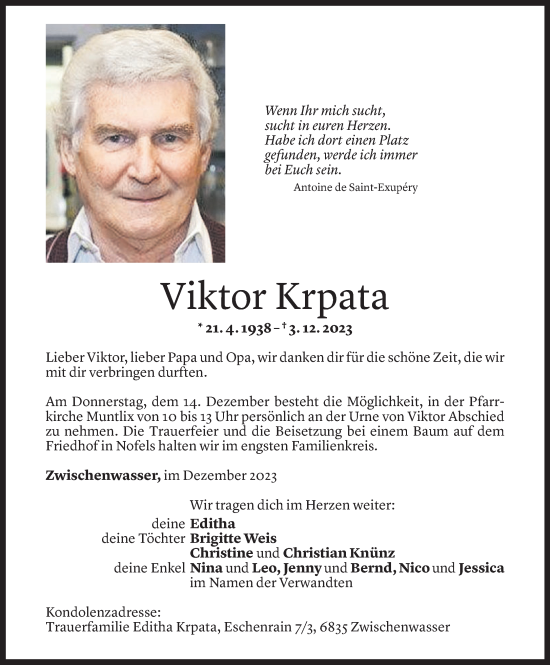 Todesanzeige von Viktor Krpata von Vorarlberger Nachrichten