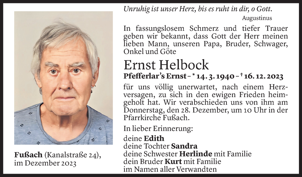  Todesanzeige für Ernst Helbock vom 22.12.2023 aus Vorarlberger Nachrichten