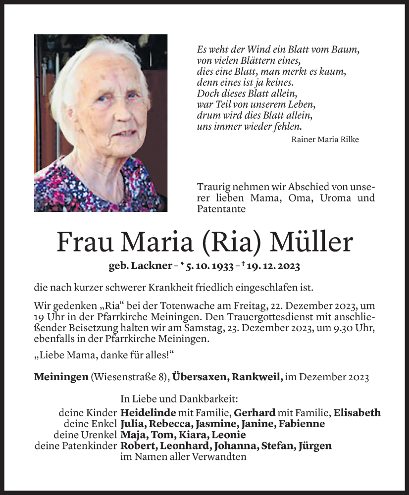  Todesanzeige für Maria Müller vom 21.12.2023 aus Vorarlberger Nachrichten