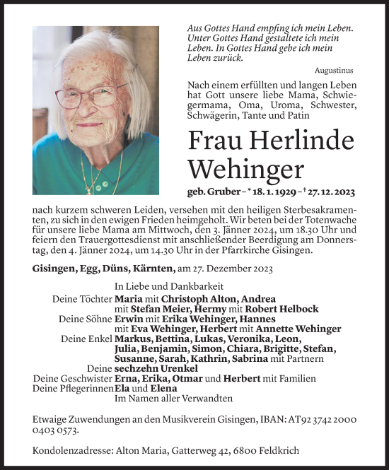 Todesanzeige von Herlinde Wehinger von Vorarlberger Nachrichten