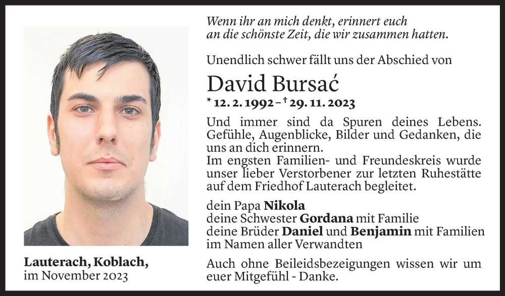  Todesanzeige für David Bursac vom 23.12.2023 aus Vorarlberger Nachrichten