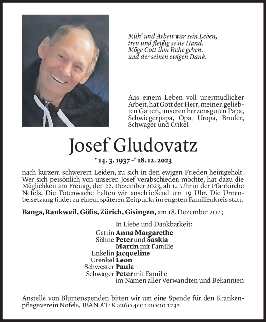 Todesanzeige von Josef Gludovatz von Vorarlberger Nachrichten