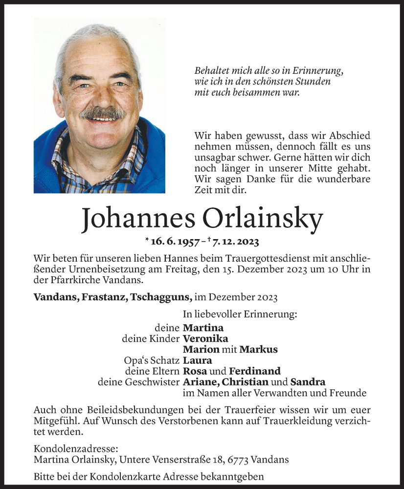  Todesanzeige für Johannes Orlainsky vom 11.12.2023 aus Vorarlberger Nachrichten