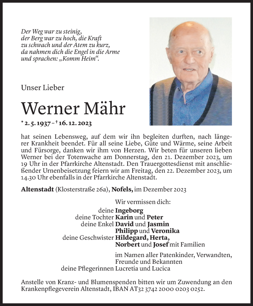  Todesanzeige für Werner Mähr vom 20.12.2023 aus Vorarlberger Nachrichten