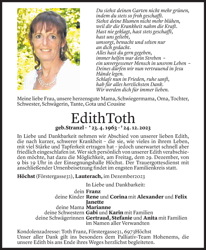  Todesanzeige für Edith Toth vom 27.12.2023 aus Vorarlberger Nachrichten