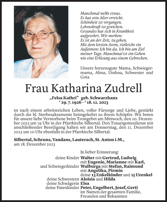 Todesanzeige von Katharina Zudrell von Vorarlberger Nachrichten