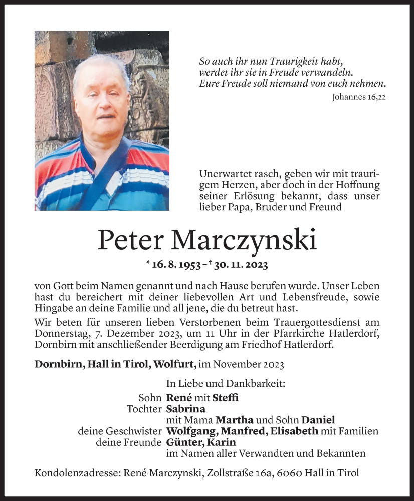  Todesanzeige für Peter Marczynski vom 03.12.2023 aus Vorarlberger Nachrichten
