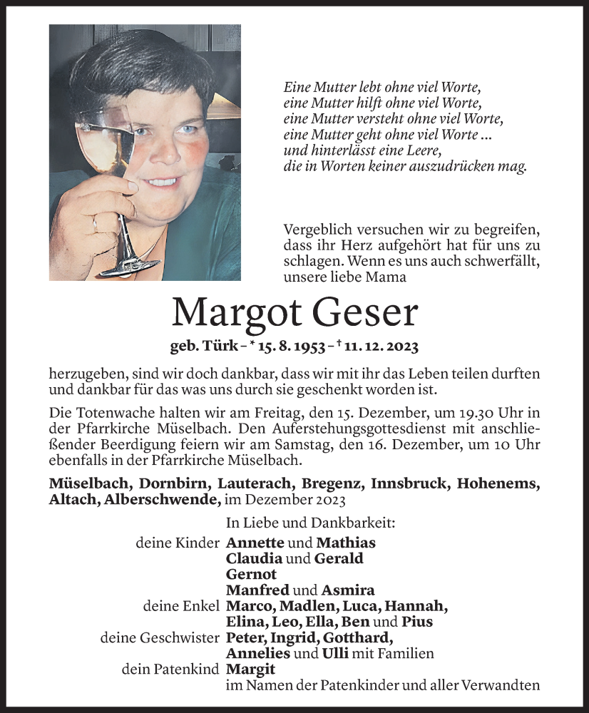  Todesanzeige für Margot Geser vom 13.12.2023 aus Vorarlberger Nachrichten