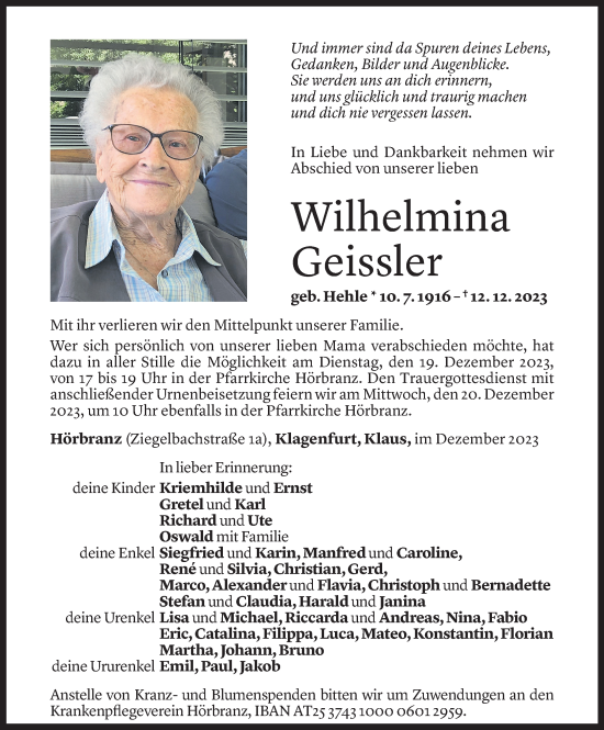 Todesanzeige von Wilhelmina Geissler von Vorarlberger Nachrichten